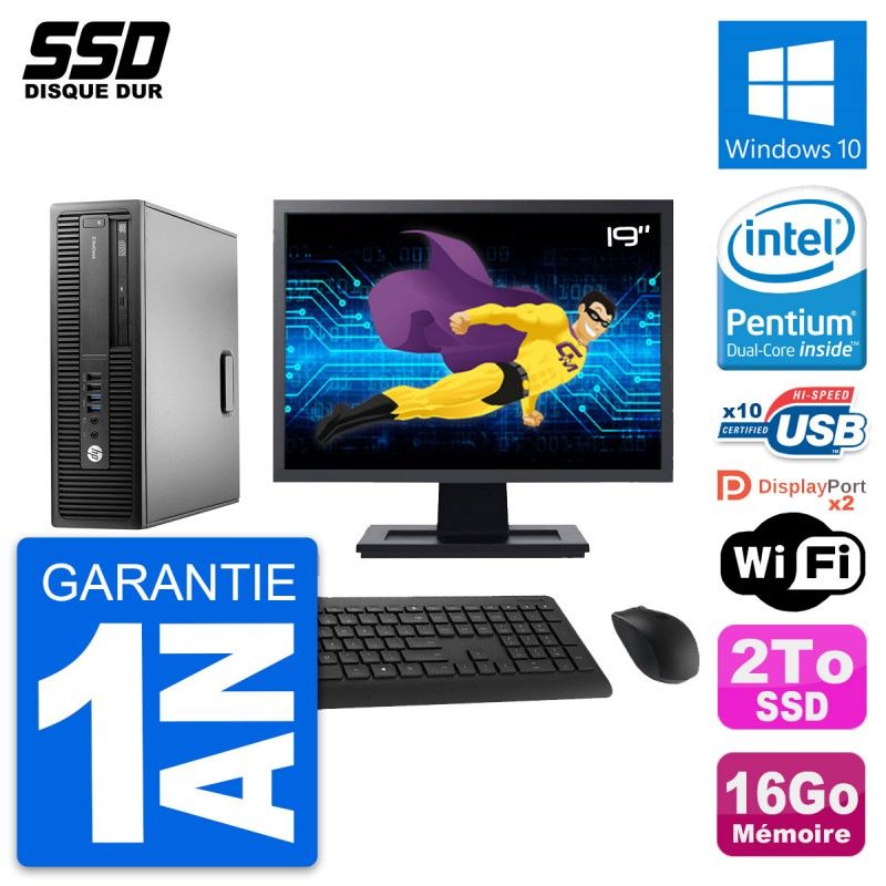 HP EliteDesk 800 G2 Mini PC - 19" Screen, Intel Pentium G4400, 16GB RAM, 2TB SSD, Windows 10, WiFi