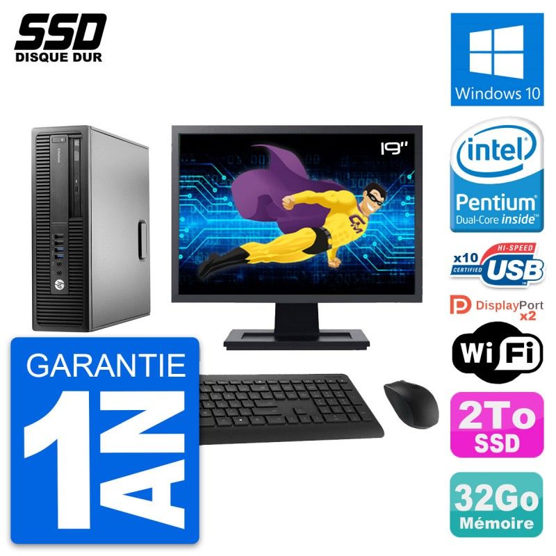 HP EliteDesk 800 G2 SFF PC - 19" Screen, Intel Pentium G4400, 32GB RAM, 2TB SSD, Windows 10, Wifi