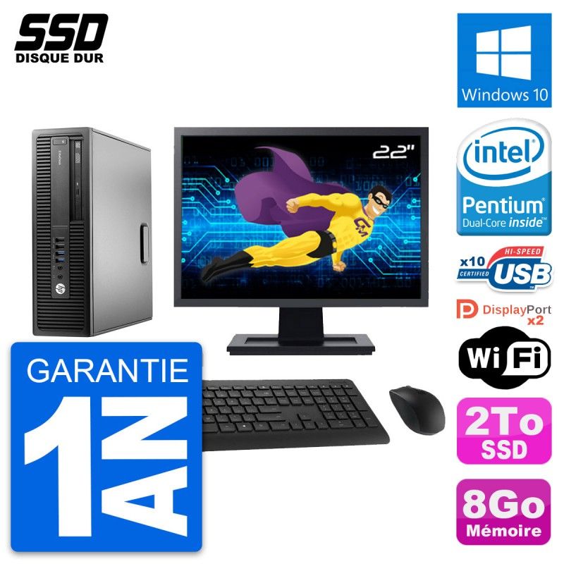 Ordinateur HP EliteDesk 800 G2 SFF - Écran 22'', Processeur Intel Pentium G4400, 8 Go de RAM, 2 To SSD, Windows 10