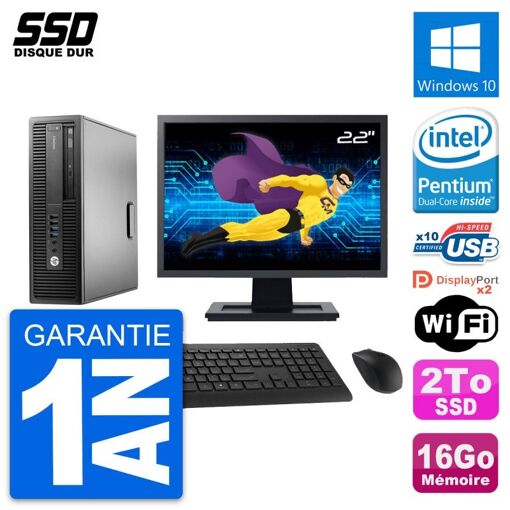 HP EliteDesk 800 G2 SFF Computer - 22" Screen, Intel Pentium G4400, 16GB RAM, 2TB SSD, Windows 10, Wi-Fi