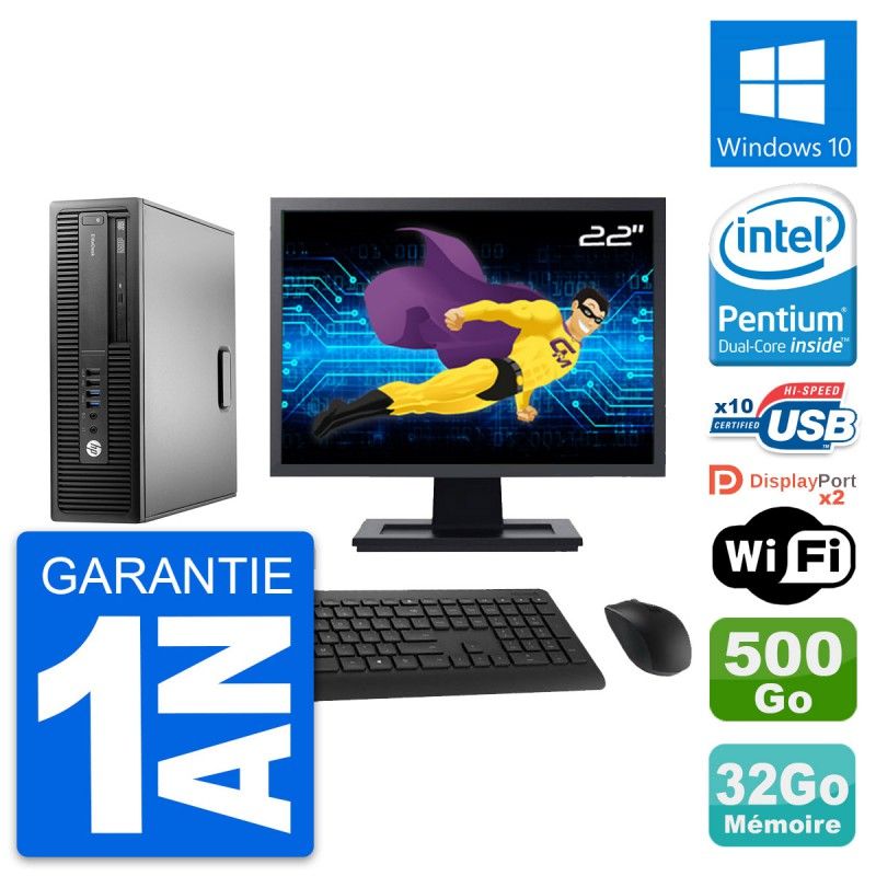 Ordinateur HP EliteDesk 800 G2 SFF - Écran 22'', Processeur Intel Pentium G4400, 32 Go de RAM, Disque dur 500 Go, Windows 10, WiFi
