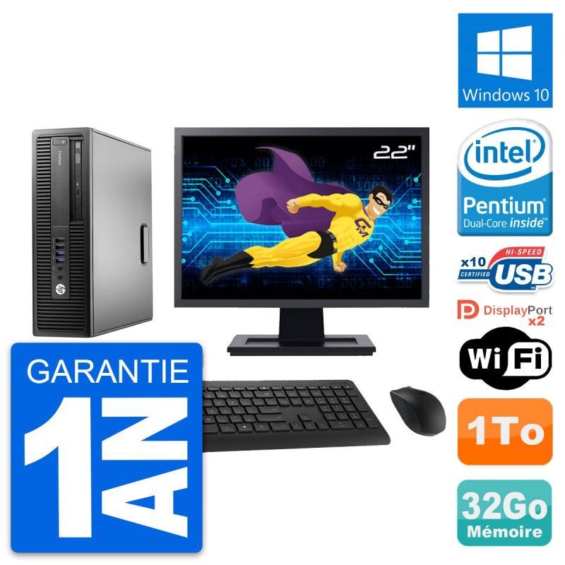 Ordinateur de bureau HP EliteDesk 800 G2 SFF - Écran 22'', Processeur Intel Pentium G4400, 32 Go de RAM, 1 To HDD, Windows 10