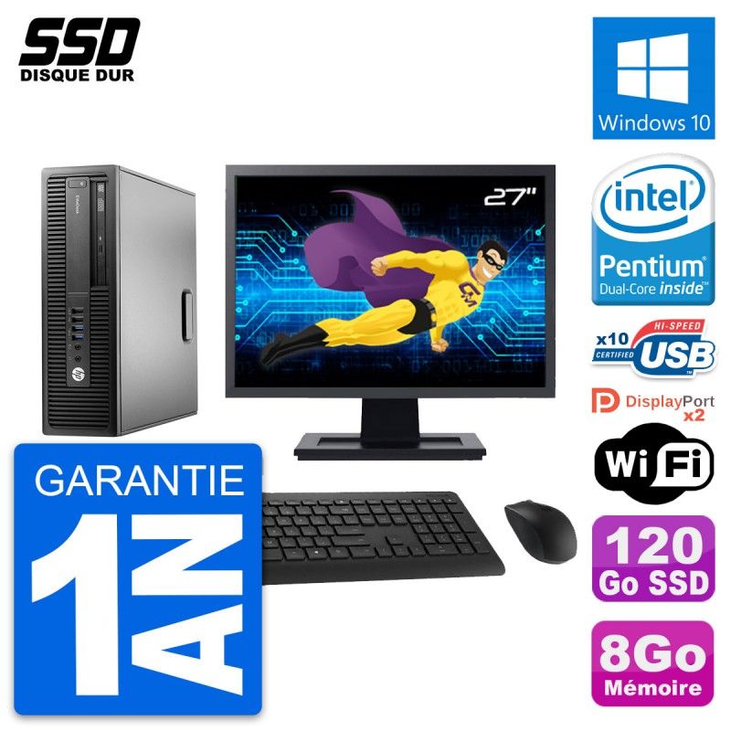 HP EliteDesk 800 G2 Mini PC - 27" Display, Intel Pentium G4400, 8GB RAM, 120GB SSD, Windows 10, Wi-Fi