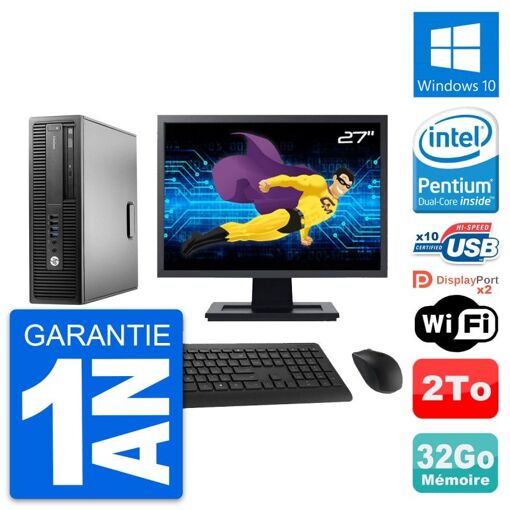 HP EliteDesk 800 G2 SFF Desktop Computer - 27" Screen, Intel Pentium G4400, 32GB RAM, 2TB HDD, Windows 10