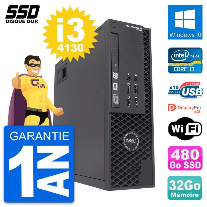 Dell Precision T1700 SFF Computer - Intel i3-4130, 32GB RAM, 480GB SSD, Windows 10, WiFi