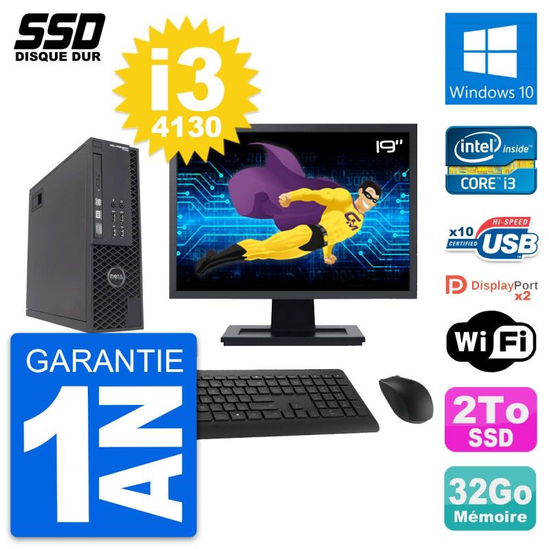 Dell T1700 SFF Computer - 19" Screen, Intel Core i3-4130, 32GB RAM, 2TB SSD, Windows 10, WiFi