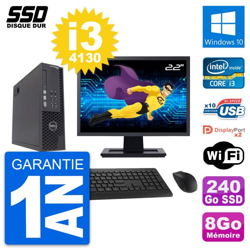 Dell T1700 SFF Desktop Computer - 22" Screen, Intel Core i3-4130, 8GB RAM, 240GB SSD, Windows 10, WiFi