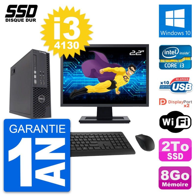 Dell T1700 SFF Desktop PC - 22" Screen, Intel Core i3-4130, 8GB RAM, 2TB SSD, Windows 10, WiFi
