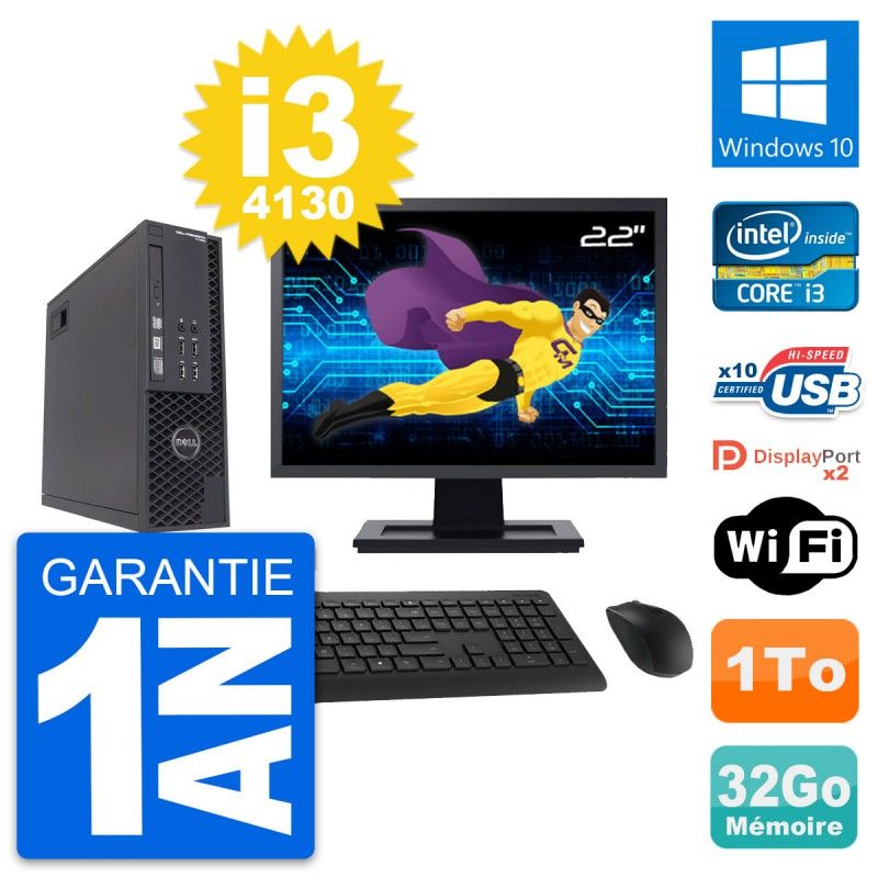 Dell T1700 SFF Computer - 22" Screen, Intel i3-4130, 32GB RAM, 1TB HDD, Windows 10, WiFi
