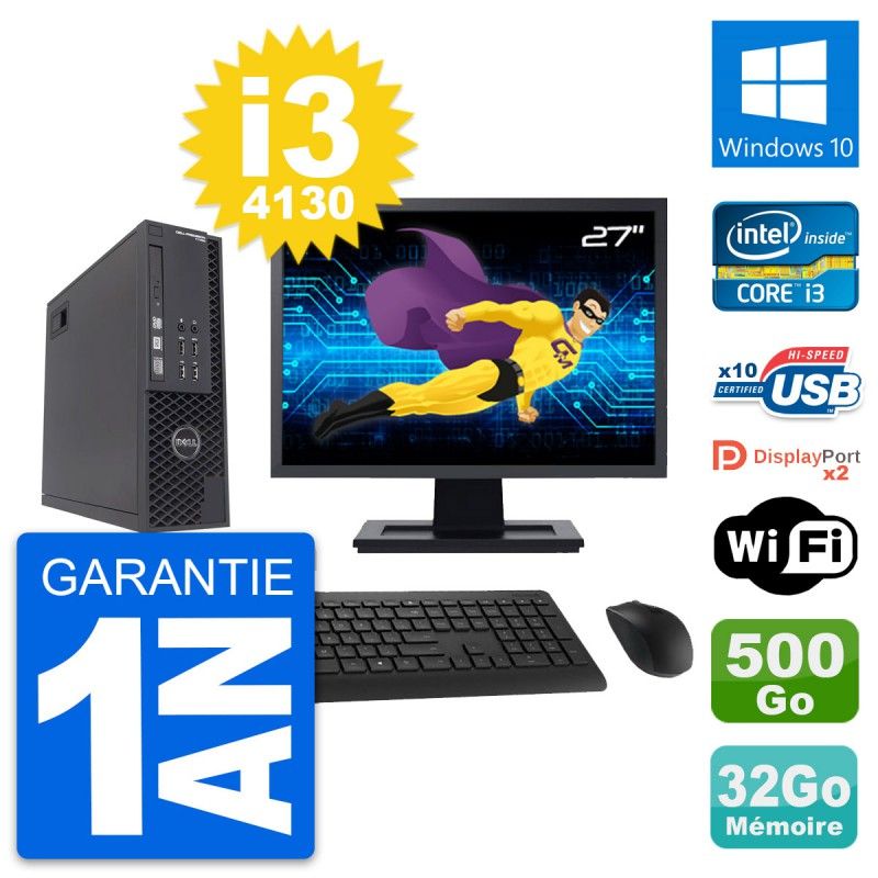 Dell T1700 SFF Desktop Computer - 27" Display, Intel i3-4130, 32GB RAM, 500GB HDD, Windows 10, WiFi