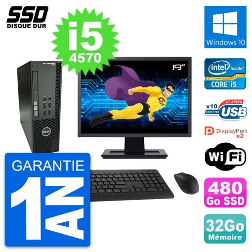 Dell T1700 SFF Computer - 19" Screen, Intel i5-4570, 32GB RAM, 480GB SSD, Windows 10, WiFi