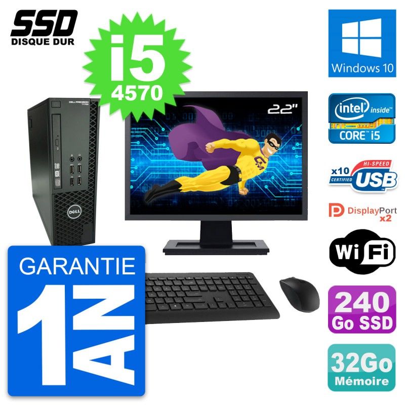 Dell T1700 SFF Computer - 22" Screen, Intel i5-4570, 32GB RAM, 240GB SSD, Windows 10, Wifi