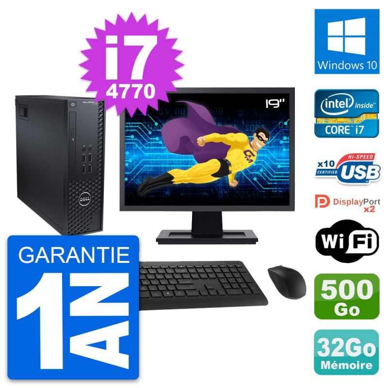 Dell T1700 SFF Computer - 19" Screen, Intel i7-4770, 32GB RAM, 500GB HDD, Windows 10, WiFi