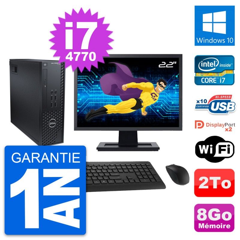Dell T1700 SFF Computer - 22" Screen, Intel i7-4770, 8GB RAM, 2TB HDD, Windows 10, WiFi