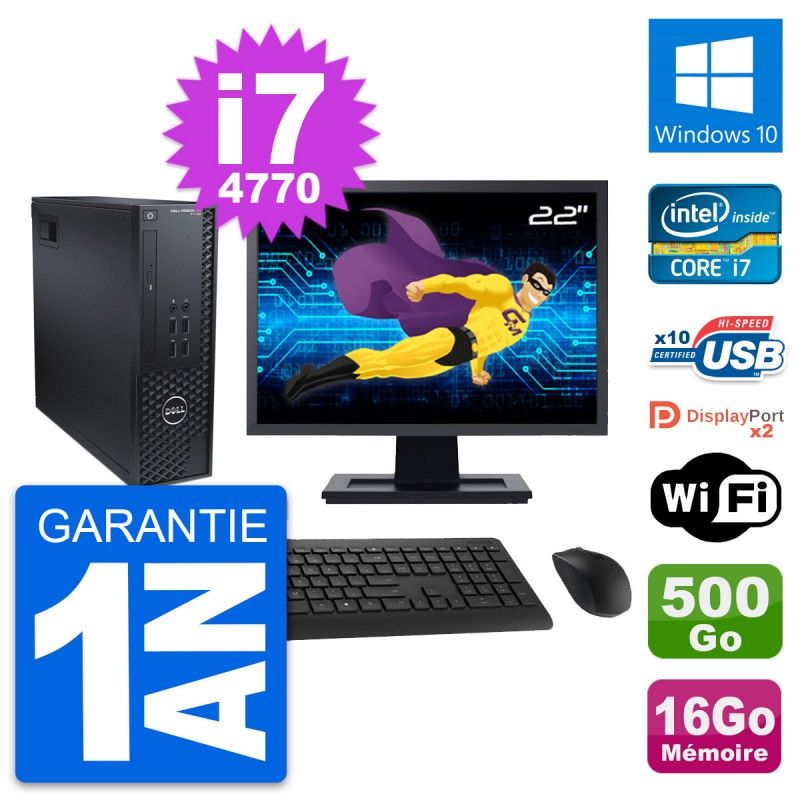 Dell T1700 SFF Desktop Computer - 22" Screen, Intel i7-4770, 16GB RAM, 500GB HDD, Windows 10, WiFi