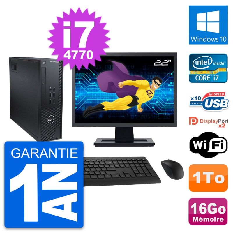 Dell T1700 SFF Desktop Computer - 22" Screen, Intel i7-4770, 16GB RAM, 1TB Storage, Windows 10, WiFi