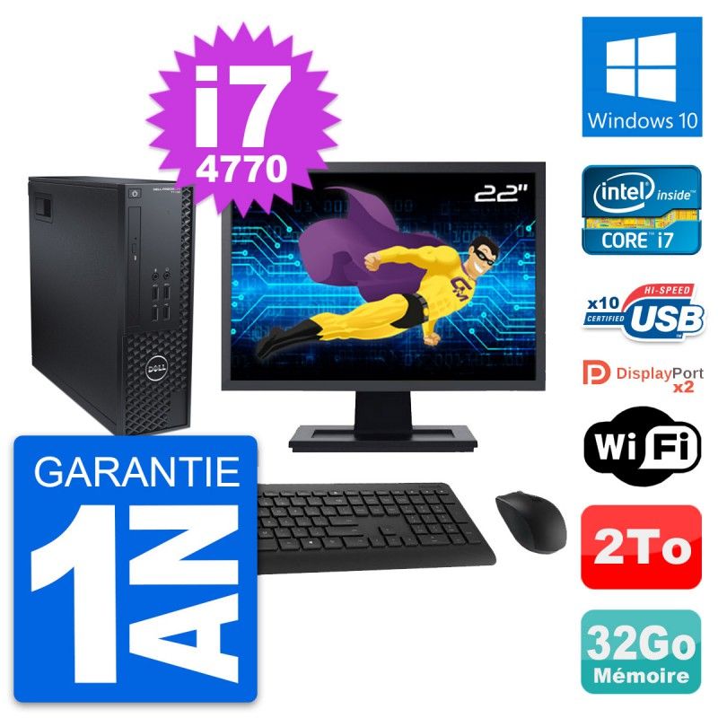 Dell T1700 SFF Computer - 22" Screen, Intel i7-4770, 32GB RAM, 2TB HDD, Windows 10, WiFi