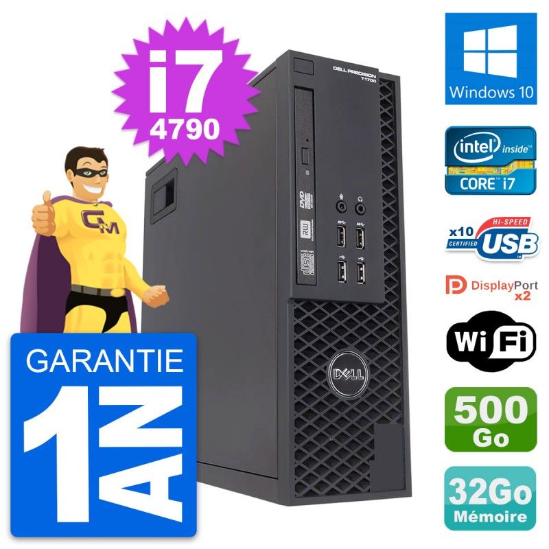 Ordinateur de bureau Dell Precision T1700 SFF - Processeur Intel i7-4790, 32 Go de RAM, 500 Go SSD, Windows 10, Wi-Fi