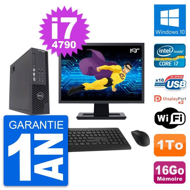 Dell T1700 SFF Computer - 19" Screen, Intel i7-4790, 16GB RAM, 1TB HDD, Windows 10, WiFi