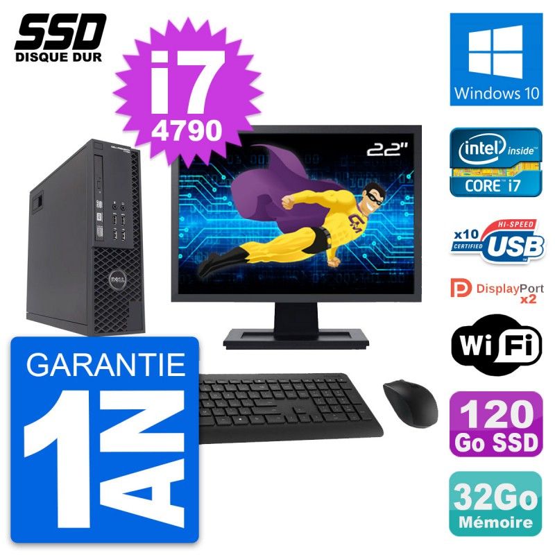 Dell T1700 SFF Computer - 22" Screen, Intel i7-4790, 32GB RAM, 120GB SSD, Windows 10, WiFi