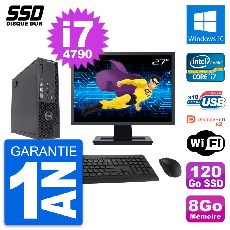Dell T1700 SFF Desktop Computer - 27" Screen, Intel Core i7-4790, 8GB RAM, 120GB SSD, Windows 10, WiFi