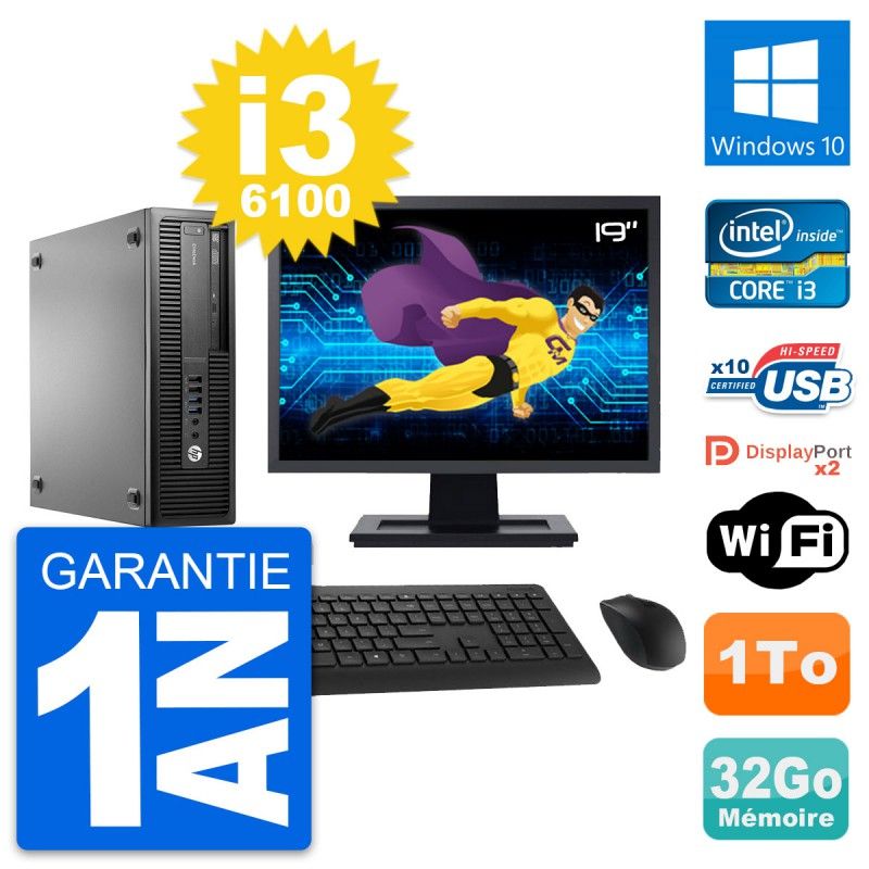 HP EliteDesk 800 G2 SFF Desktop PC, 19" Screen, Intel i3-6100, 32GB RAM, 1TB HDD, Windows 10, WiFi