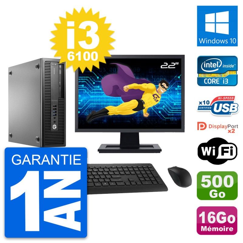 HP EliteDesk 800 G2 SFF PC - 22" Screen, Intel i3-6100, 16GB RAM, 500GB HDD, Windows 10, WiFi