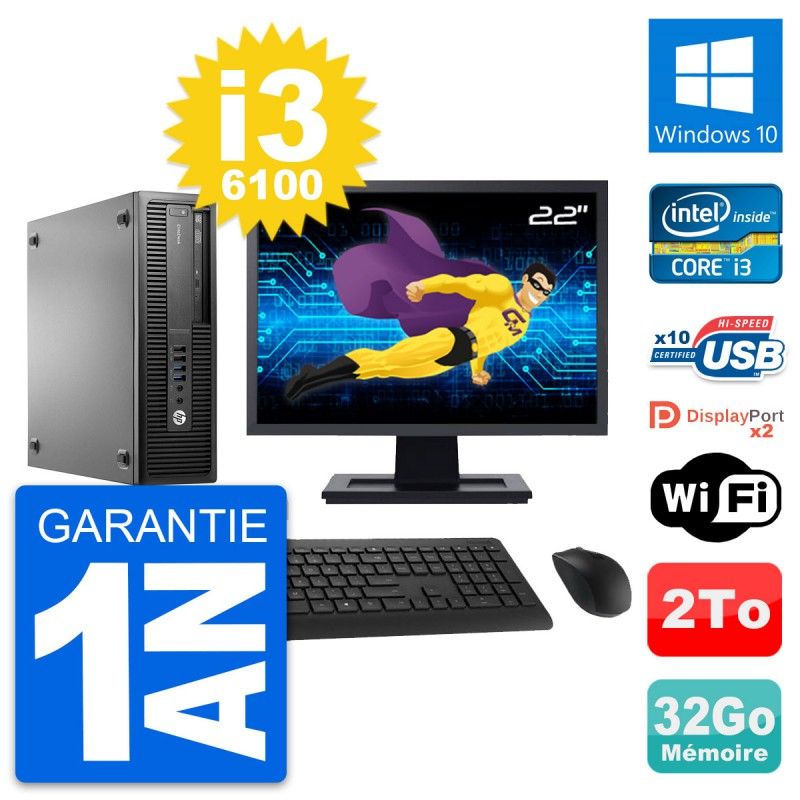 HP EliteDesk 800 G2 SFF PC - 22" Screen, Intel i3-6100, 32GB RAM, 2TB Storage, Windows 10, WiFi