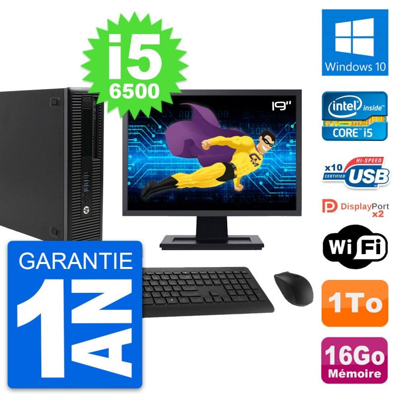 Ordinateur de bureau HP EliteDesk 800 G2 SFF - Écran 19'', Processeur Intel i5-6500, 16 Go RAM, 1 To Stockage, Windows 10, WiFi