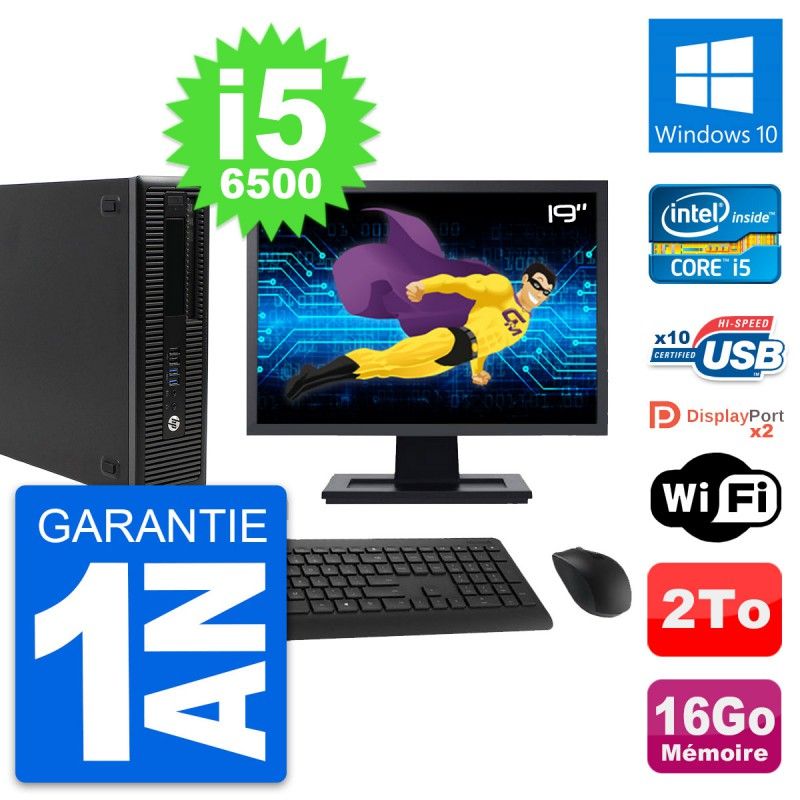 Ordinateur HP EliteDesk 800 G2 SFF - Écran 19'', Processeur Intel i5-6500, 16 Go de RAM, 2 To de stockage, Windows 10, WiFi
