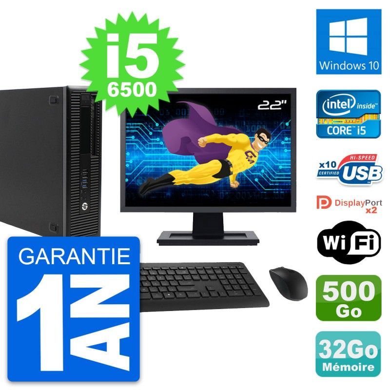 HP EliteDesk 800 G2 SFF PC - 22" Screen, Intel i5-6500, 32GB RAM, 500GB Hard Drive, Windows 10, WiFi