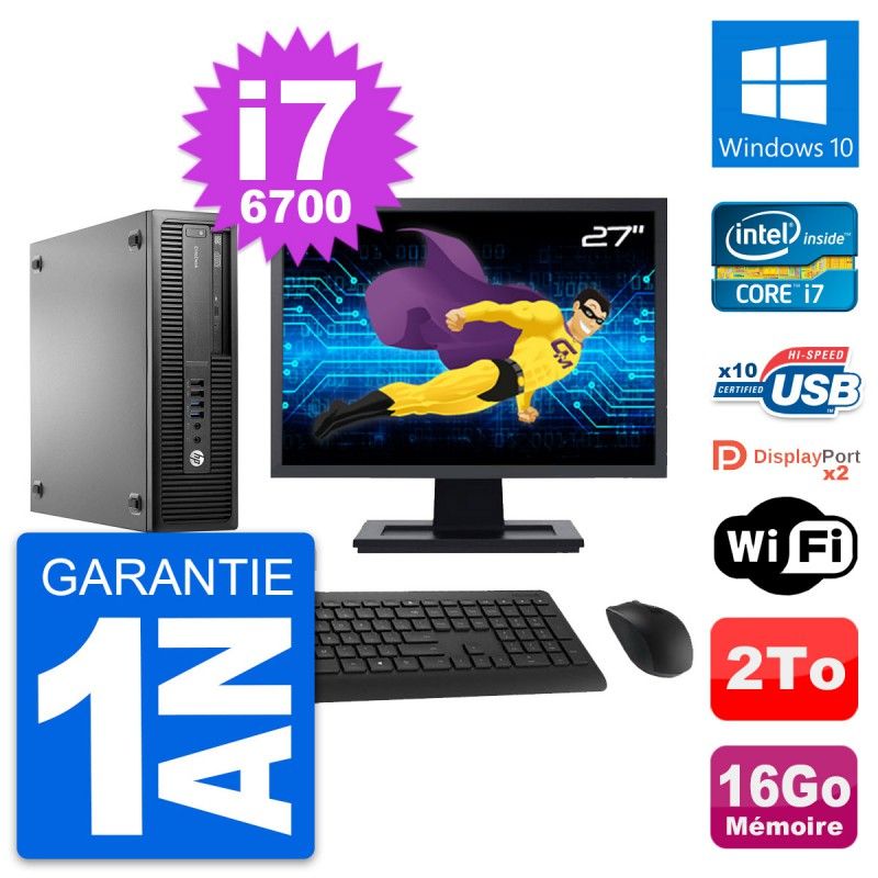 HP EliteDesk 800 G2 SFF Desktop Computer, 27" Screen, Intel i7-6700, 16GB RAM, 2TB HDD, Windows 10, WiFi