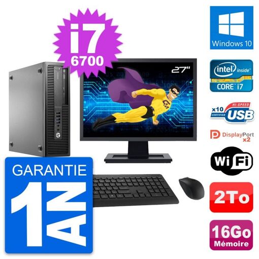 HP EliteDesk 800 G2 SFF Desktop Computer, 27" Screen, Intel i7-6700, 16GB RAM, 2TB HDD, Windows 10, WiFi