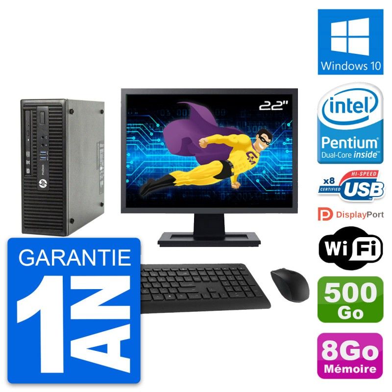HP ProDesk 400 G3 SFF Computer - 22" Screen, Intel Pentium G4400, 8GB RAM, 500GB HDD, Windows 10, WiFi