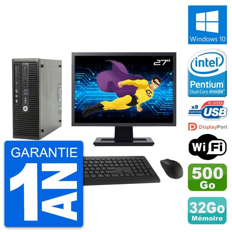 HP ProDesk 400 G3 SFF Desktop Computer, Intel Pentium G4400, 32GB RAM, 500GB HDD, 27" Display, Windows 10