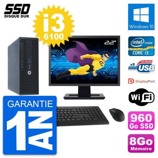 HP ProDesk 400 G3 SFF Desktop PC - 22" Screen, i3-6100, 8GB RAM, 960GB SSD, Windows 10, WiFi