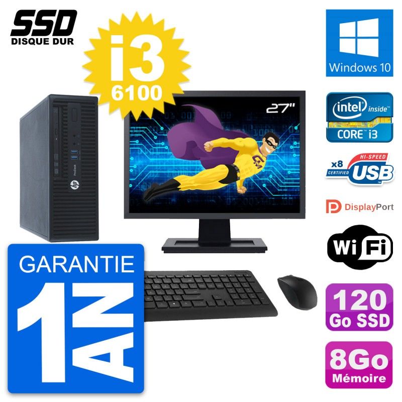 HP ProDesk 400 G3 SFF Computer - 27" Screen, i3-6100, 8GB RAM, 120GB SSD, Windows 10, Wifi
