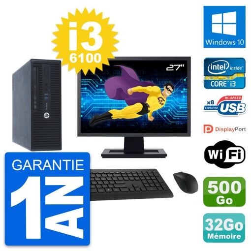 HP ProDesk 400 G3 SFF PC - 27" Screen, Intel i3-6100, 32GB RAM, 500GB Disk, Windows 10, WiFi