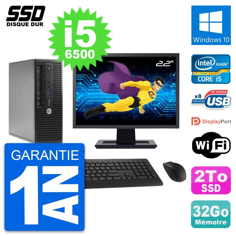 HP ProDesk 400 G3 SFF Computer - 22" Screen, Core i5-6500, 32GB RAM, 2TB SSD, Windows 10, Wifi
