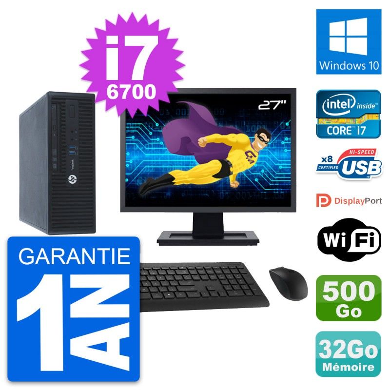 HP ProDesk 400 G3 SFF Desktop Computer, 27" Screen, Intel i7-6700, 32GB RAM, 500GB Storage