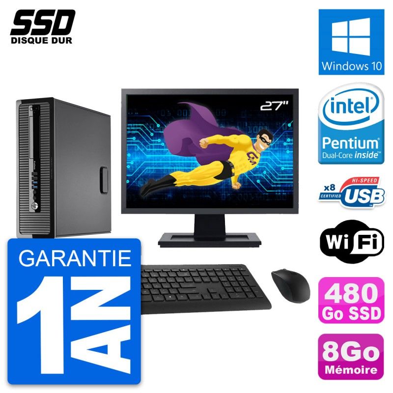 HP ProDesk 400 G1 SFF Computer - 27" Screen, Intel Pentium G3220, 8GB RAM, 480GB SSD, Windows 10, WiFi