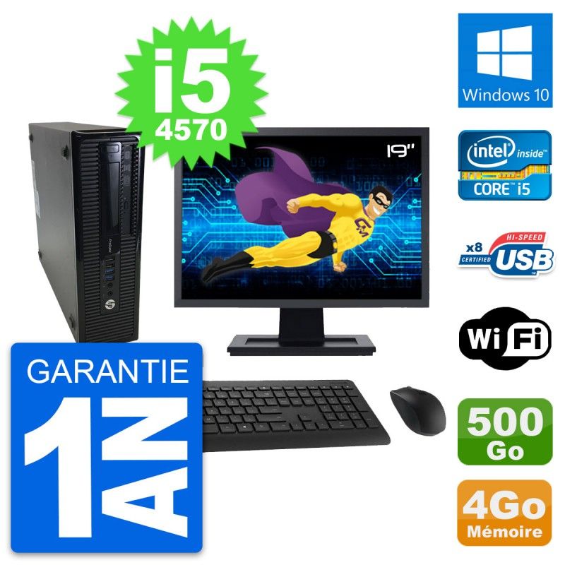Ordinateur HP ProDesk 400 G1 SFF - Écran 19'', Intel i5-4570, 4 Go de RAM, Disque 500 Go, Windows 10, Wifi