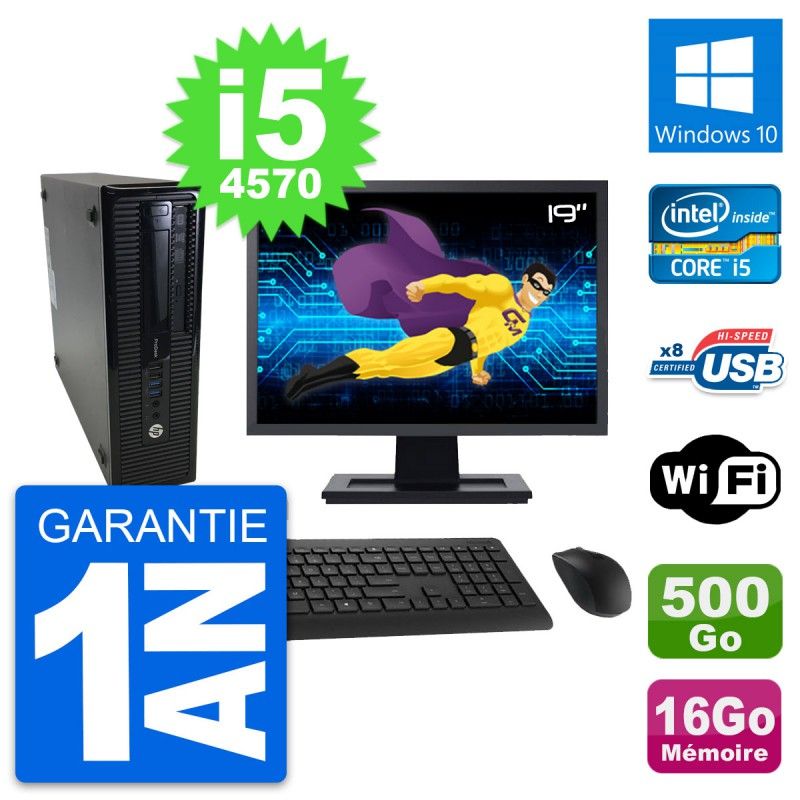 Ordinateur HP ProDesk 400 G1 SFF - Écran 19'', Intel i5-4570, 16 Go de RAM, 500 Go SSD, Windows 10, Wi-Fi