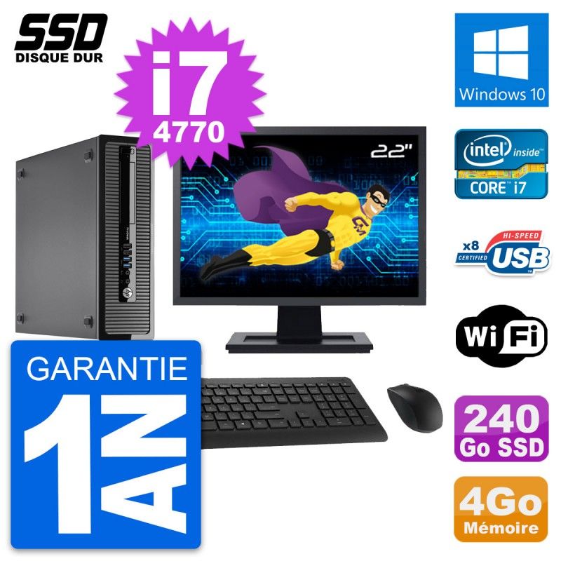 HP ProDesk 400 G1 SFF Desktop Computer - 22" Screen, i7-4770, 4GB RAM, 240GB SSD, Windows 10, WiFi