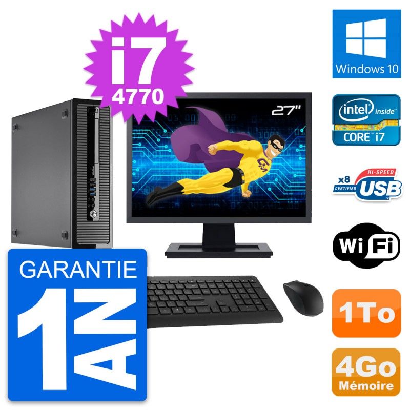Ordinateur de bureau HP ProDesk 400 G1 SFF - Écran 27'', Intel Core i7-4770, 4 Go RAM, 1 To HDD, Windows 10, Wi-Fi