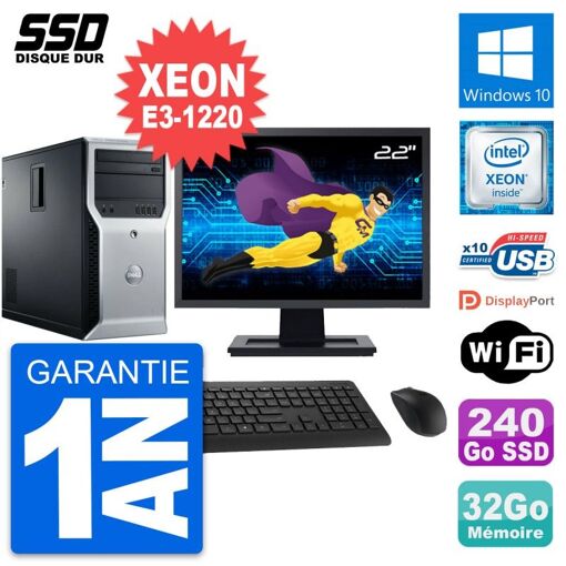 Dell T1600 Mid-Tower PC - 22" Screen, Intel Xeon E3-1220, 32GB RAM, 240GB SSD, Windows 10, WiFi