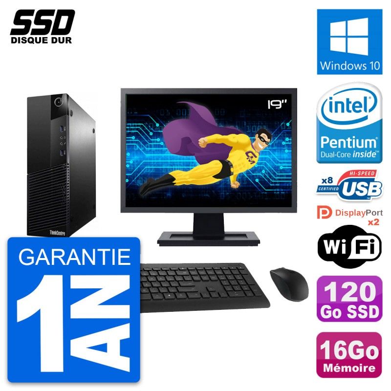 Lenovo M83 SFF Desktop Computer - 19" Screen, Intel G3220, 16GB RAM, 120GB SSD, Windows 10, WiFi