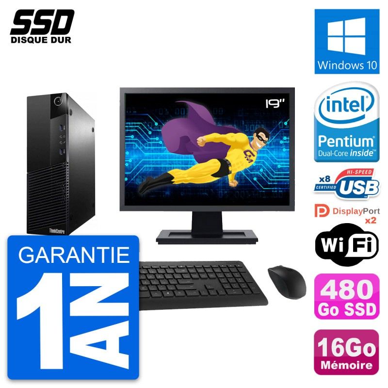 Lenovo M83 SFF Desktop Computer, 19" Screen, Intel G3220, 16GB RAM, 480GB SSD, Windows 10, WiFi