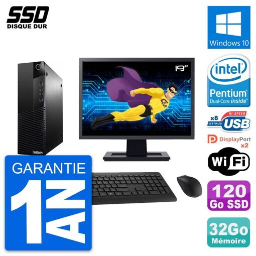 Lenovo M83 SFF Desktop Computer, 19" Screen, Intel G3220, 32GB RAM, 120GB SSD, Windows 10, Wifi
