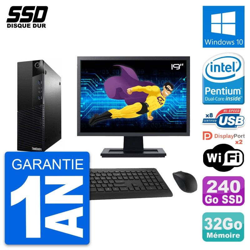 Lenovo M83 SFF Desktop PC - 19" Screen, Intel G3220, 32GB RAM, 240GB SSD, Windows 10, Wifi